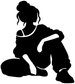 Vinyl decal silhouette of a kneeling woman with headphones, high-contrast black and white