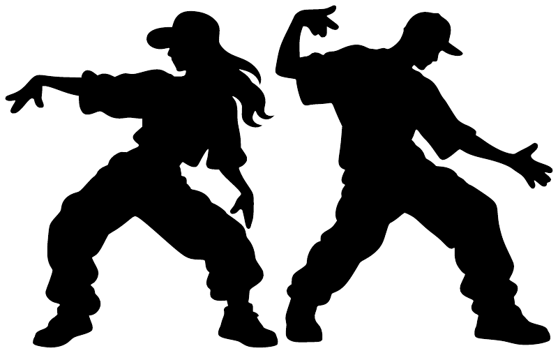 Vinyl decal with two black dance silhouettes, arms up and hands out
