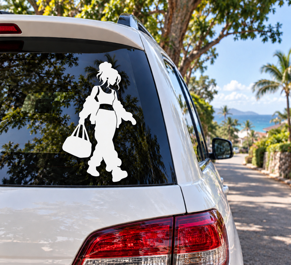 Vinyl decal of silhouette woman holding shopping bags on car window