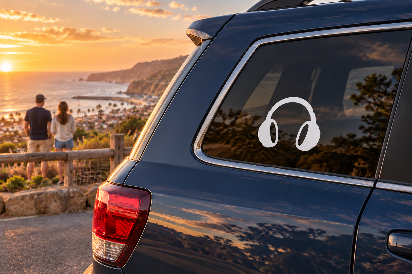 Headphone emblem vinyl decal with white over-ear headphones on car window