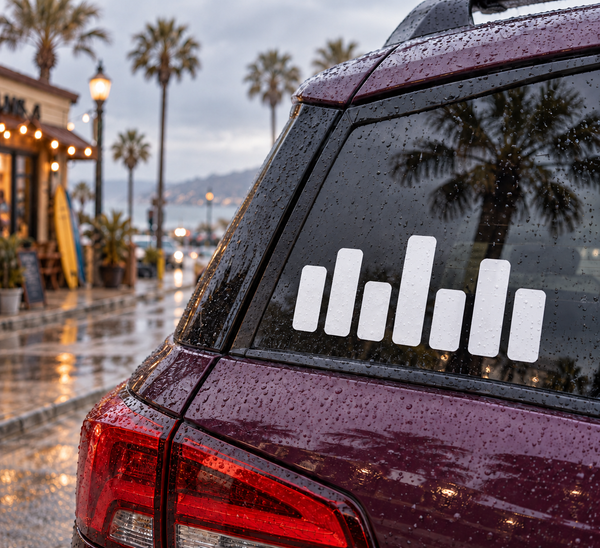 Vinyl decal showing white equalizer pulse bar blocks on a car window