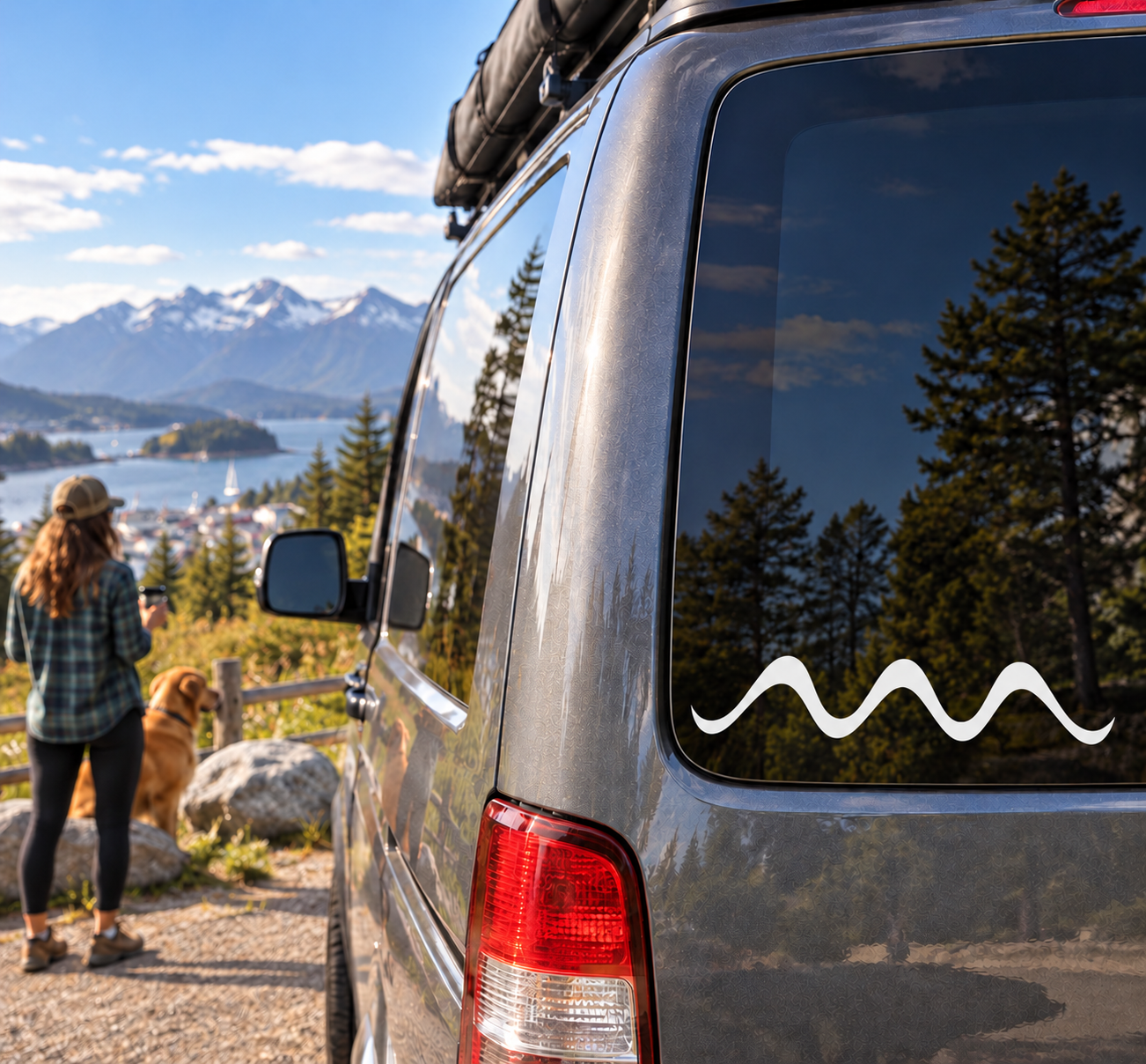 White wave vinyl decal on vehicle tail panel