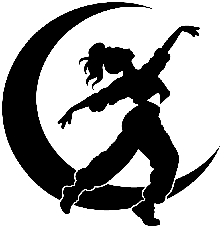 Black vinyl decal featuring a dancing girl holding a guitar under a crescent moon