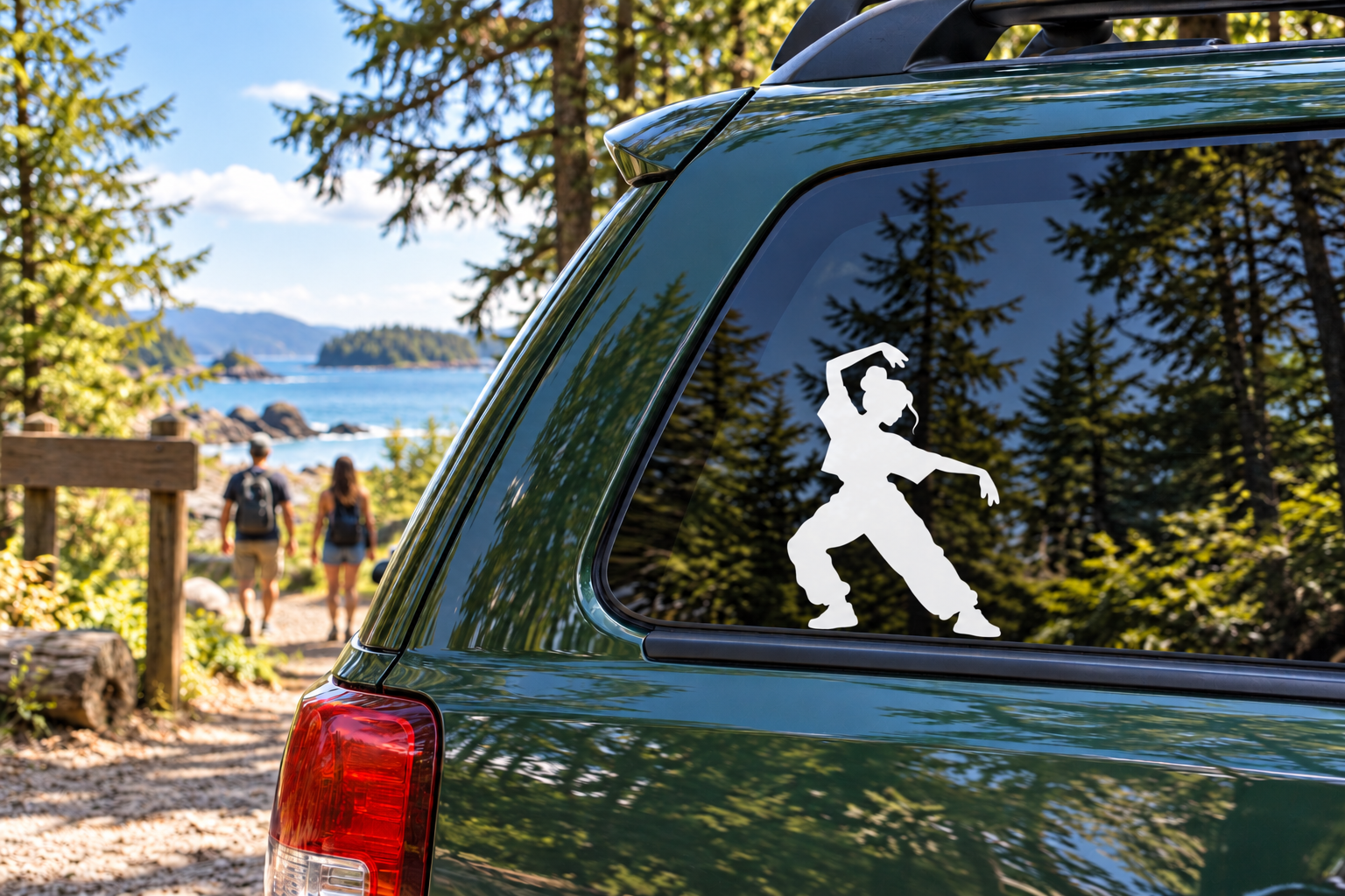 Vinyl decal of black dubstep dancer silhouette in an arched shape on car window