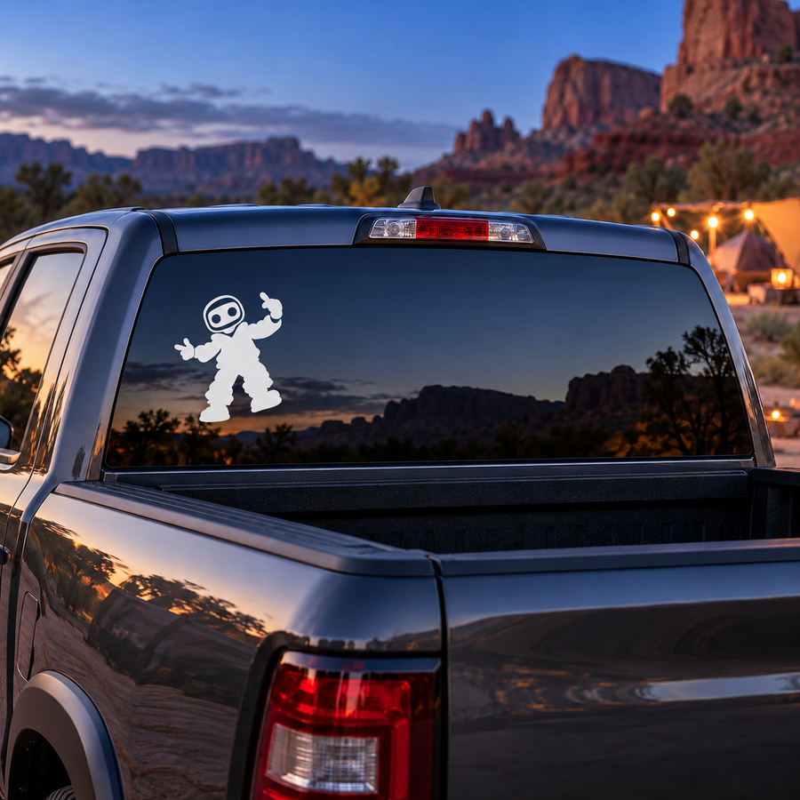 Vinyl robot decal in white on a car rear window glass