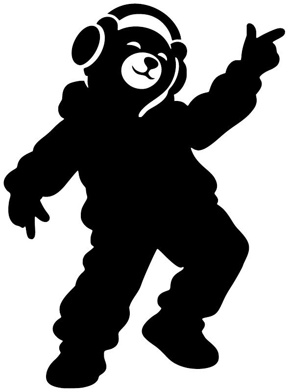 Black bear DJ vinyl decal silhouette with headphones and raised arms