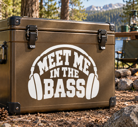 Vinyl decal: white headphones with bold MEET ME IN THE BASS lettering