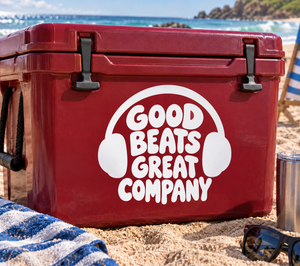 Red cooler vinyl decal with white "Good Beats Great Company" and headset graphic