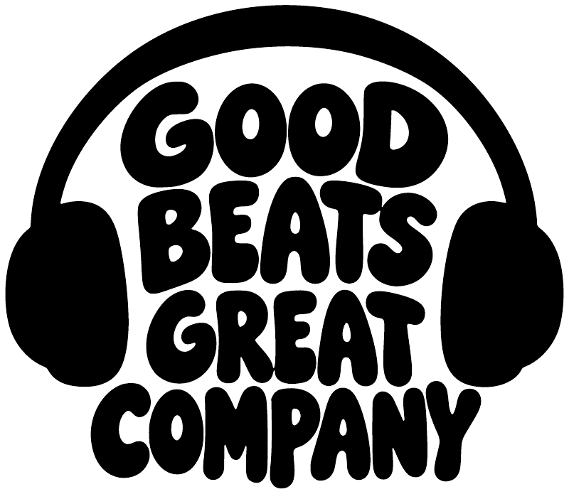 White vinyl decal with black "Good Beats Great Company" text and headphones silhouette