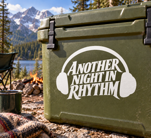 White vinyl decal with 'Another Night In Rhythm' and headphones graphic