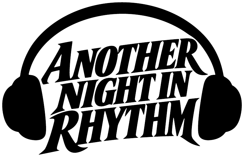 Black and white vinyl decal with 'Another Night In Rhythm' lettering and headphones
