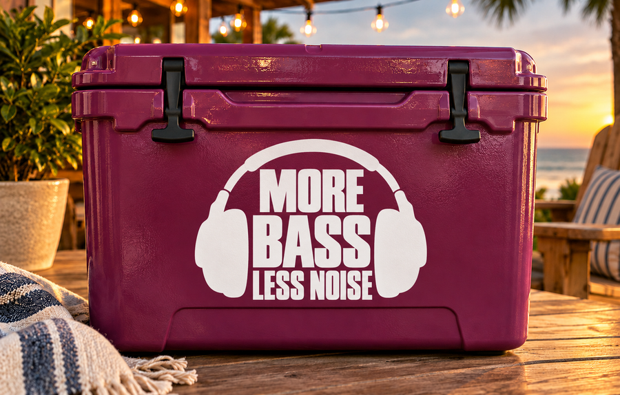 Purple cooler with white “More Bass Less Noise” headphones vinyl decal.