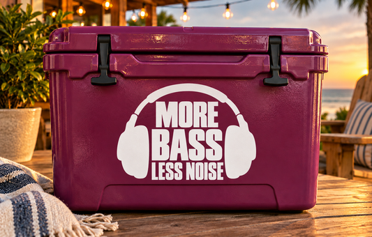 Purple cooler with white “More Bass Less Noise” headphones vinyl decal.