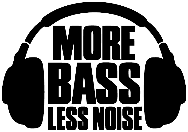 More Bass Less Noise vinyl decal with headphones graphic, black text on white.