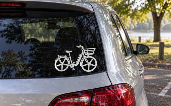 E-bike vinyl decal of white step-through bicycle on window glass
