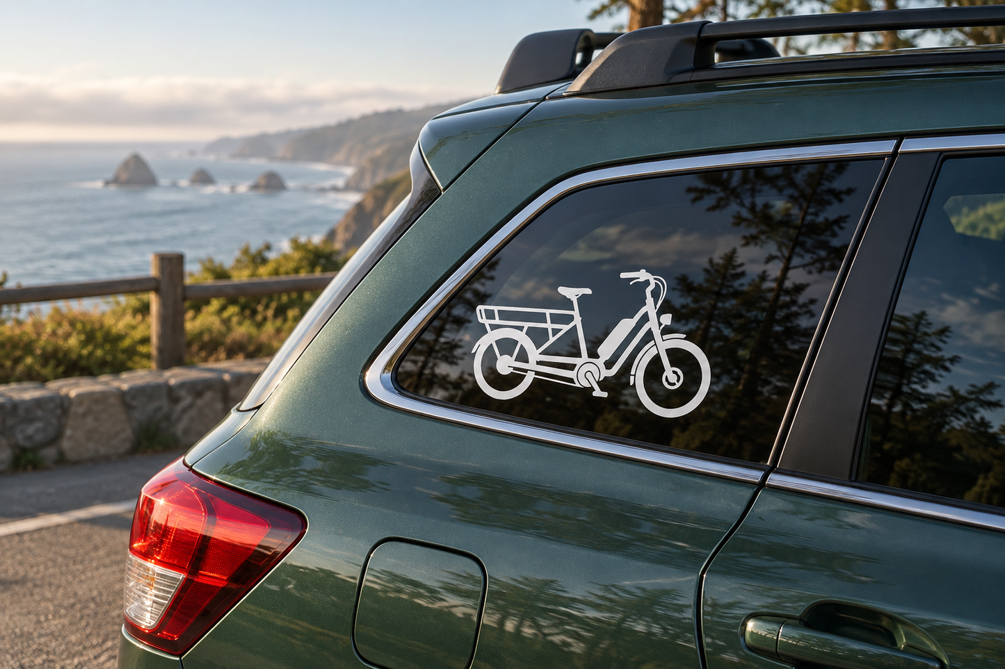E-bike cargo electric vinyl decal with white bike icon on vehicle window