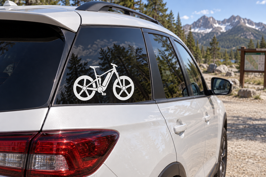 Electric mountain bike vinyl decal on car rear window, white wheel and frame icon