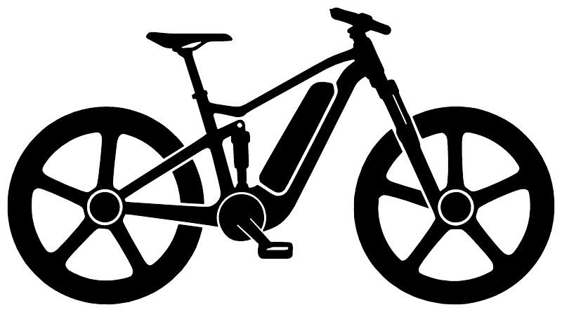 Black electric mountain bike vinyl decal with large wheel silhouette, isolated on white