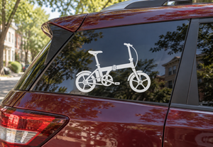 E-bike folding electric vinyl decal, white bike icon on car window