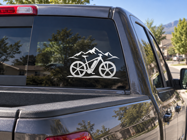 Electric mountain e-bike vinyl decal with mountain outline and bike silhouette on window