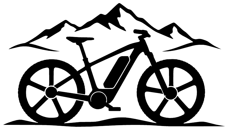 Black electric e-bike vinyl decal with mountain scenery and bicycle wheel silhouette