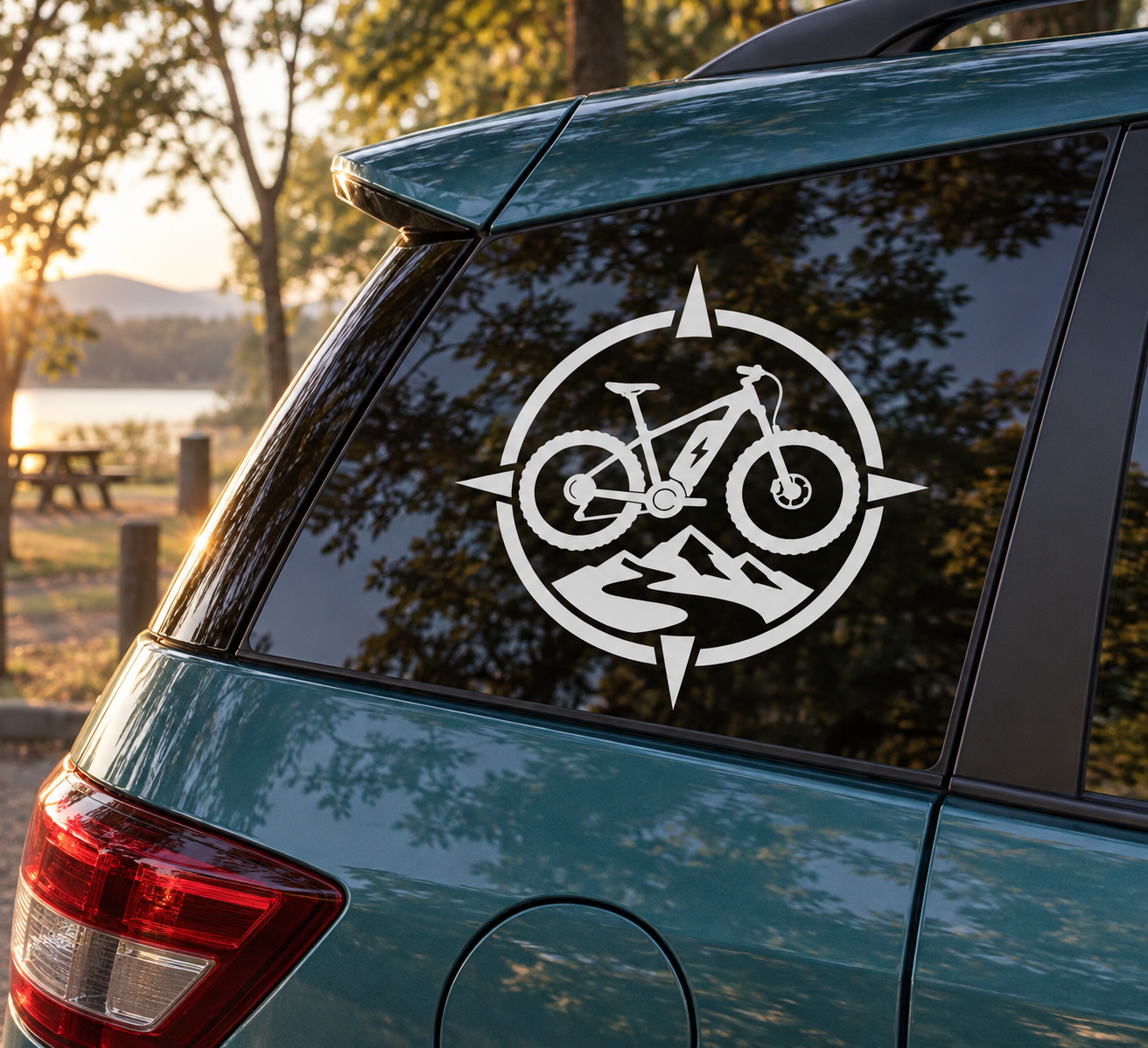 Vinyl e-bike compass decal with circular emblem and mountain icon for vehicle windows