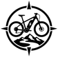 Black circular vinyl decal featuring e-bike icon, compass points, and mountain silhouette