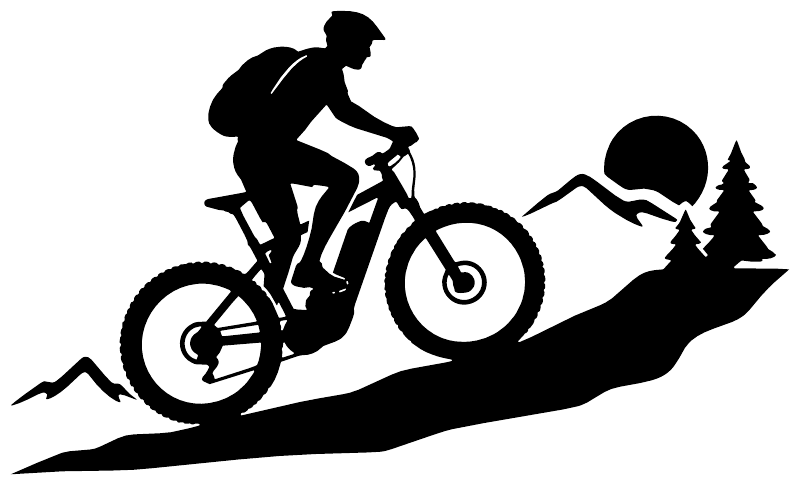 Black vinyl e-bike rider decal with cyclist silhouette on steep hill, trees and mountains.
