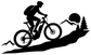 Black vinyl e-bike rider decal with cyclist silhouette on steep hill, trees and mountains.