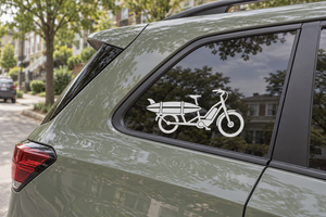 E-bike surf cargo vinyl decal with bike and surfboard icon on car window