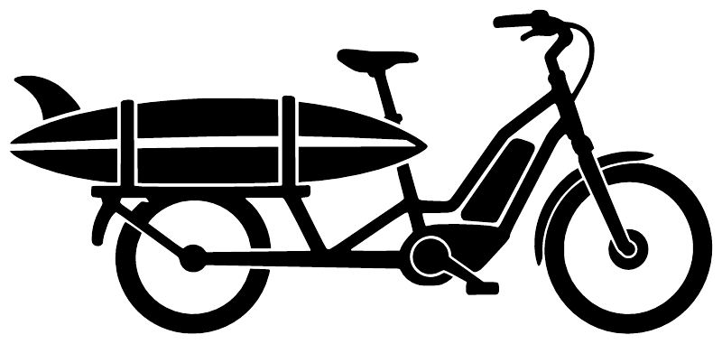 Black e-bike surf cargo vinyl decal featuring bike with surfboard and wheels