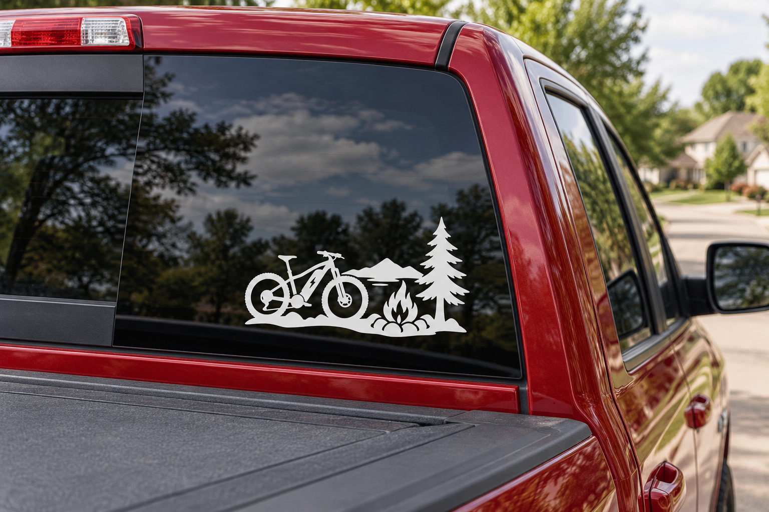 Red vehicle window with black electric bike camp vinyl decal