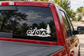 Red vehicle window with black electric bike camp vinyl decal