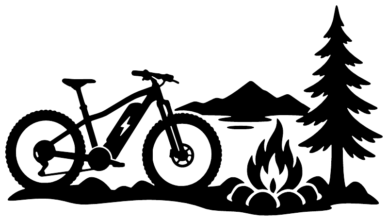 Black electric bike camp vinyl decal with bike, trees, and flame silhouette