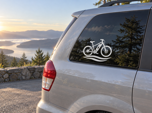 Electric e-bike river ride vinyl decal on car window: bike with waves