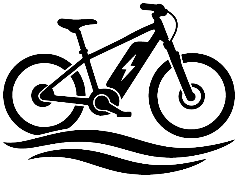 Electric e-bike river ride vinyl decal: black bike with lightning and wave lines