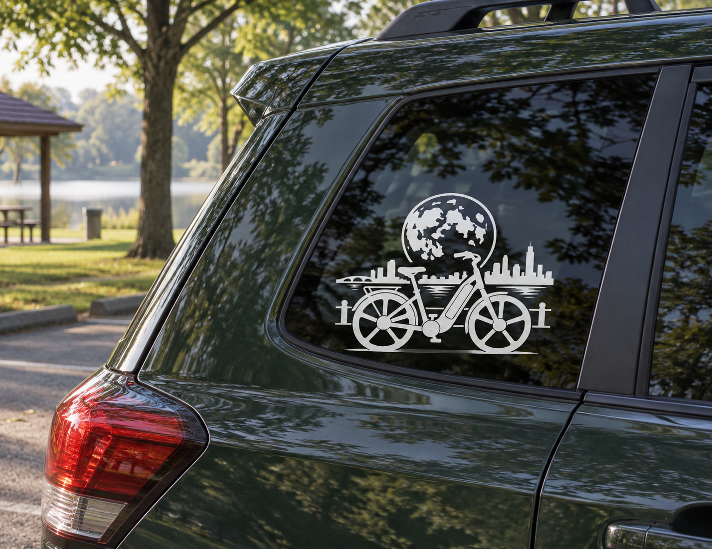 Vinyl decal featuring a globe and vintage bicycle on a car rear side window