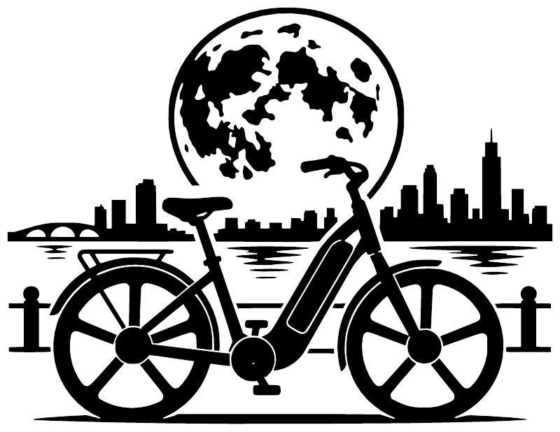 Black vinyl decal showing globe above vintage bicycle with city skyline and waterline
