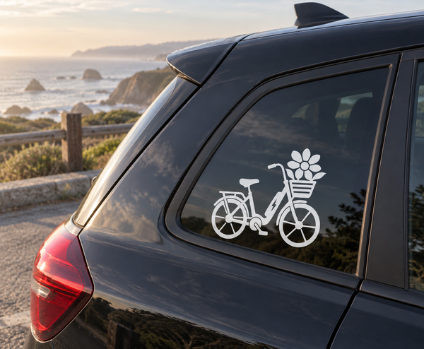 White flower basket e-bike vinyl decal on dark car window glass