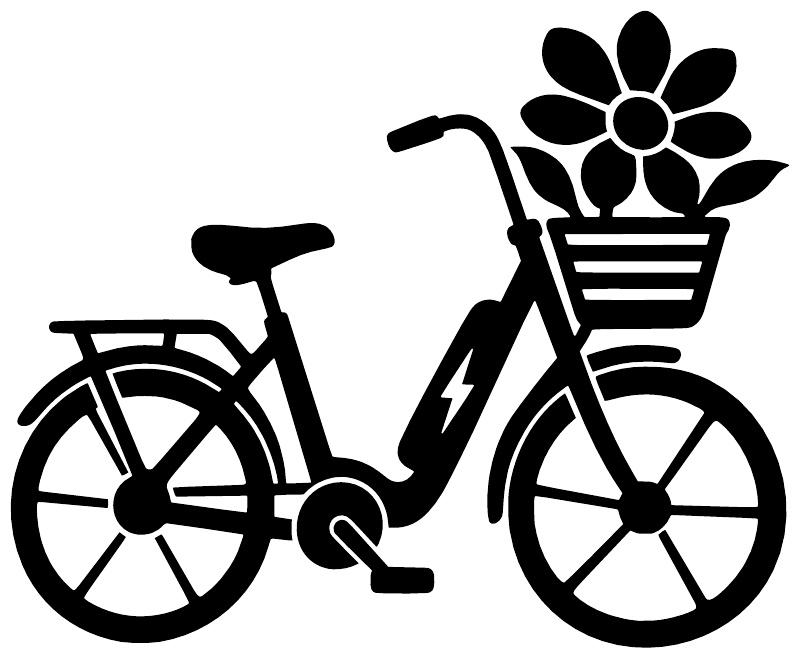 Black e-bike vinyl decal with flower basket design on white