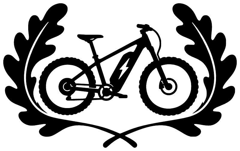Electric bike trail vinyl decal design, black bike silhouette with white flame and leaf shapes