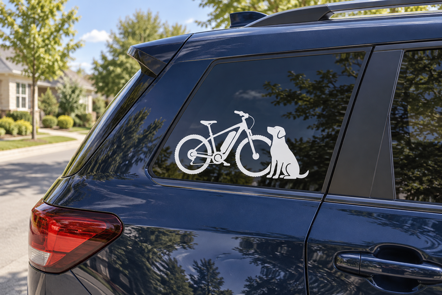 E-bike dog ride vinyl decal: white bicycle and dog silhouette on car window.
