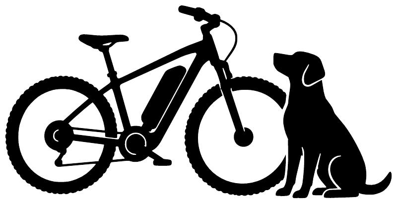 Vinyl decal featuring black e-bike silhouette with dog companion, die-cut style.