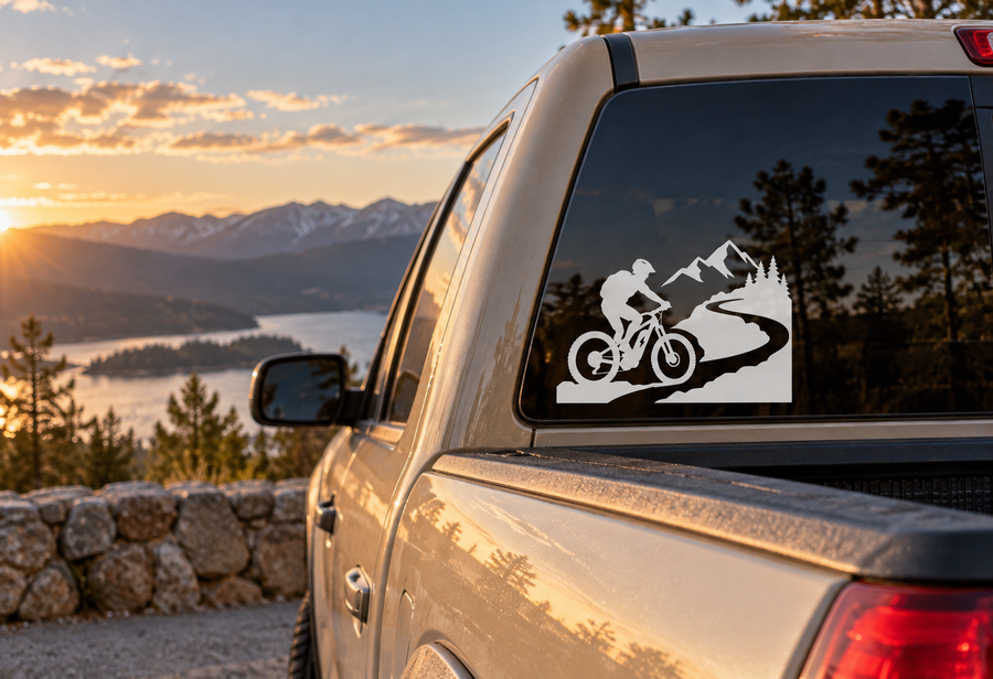 E-bike mountain switchback vinyl decal, black biker silhouette with bike and mountain scene