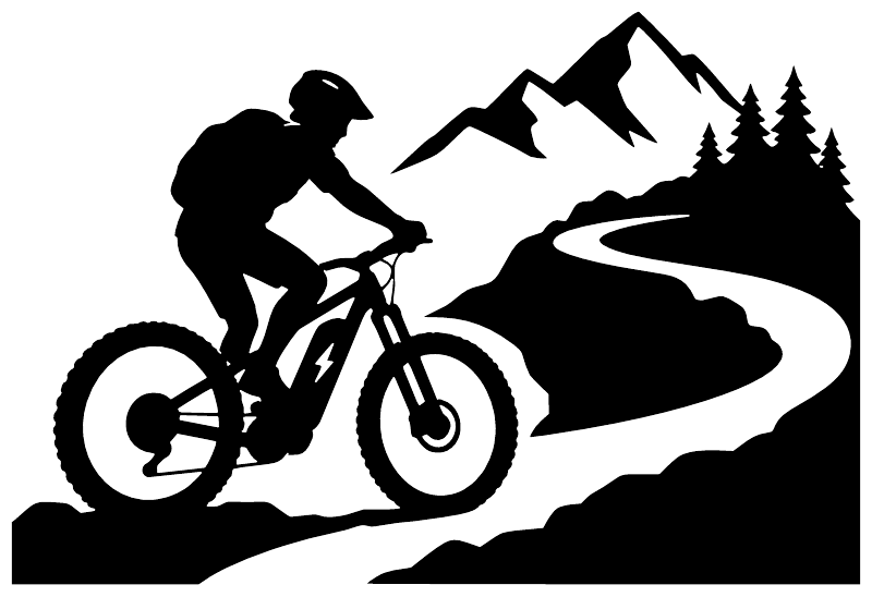 E-bike switchback vinyl decal, black silhouette rider on mountain bike with landscape and trees