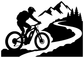 E-bike switchback vinyl decal, black silhouette rider on mountain bike with landscape and trees
