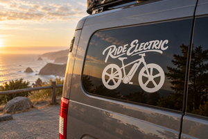 E-bike ride electric vinyl decal: “Ride Electric” with bicycle and wheel graphic