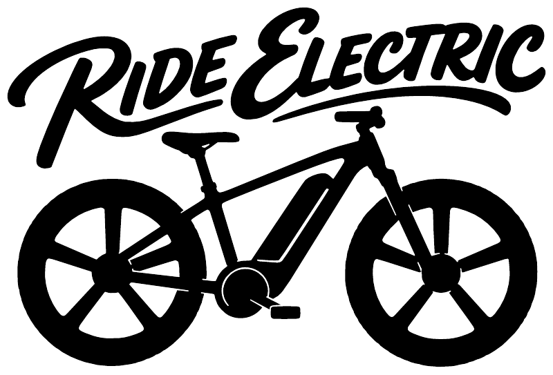 E-bike ride electric vinyl decal close-up: black “Ride Electric” script with bike
