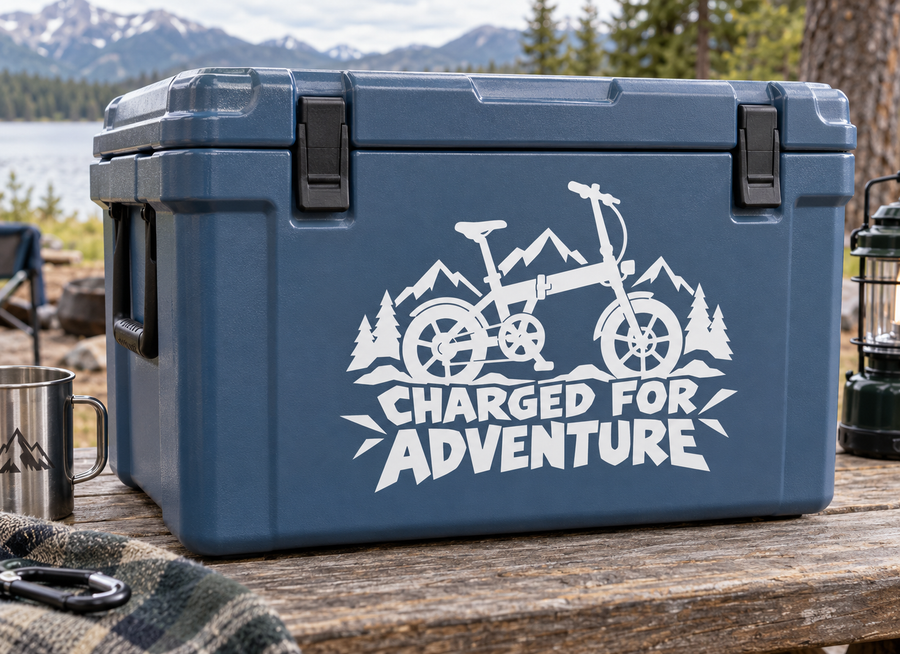 E-bike charged for adventure vinyl decal on blue cooler: e-bike, mountains, text