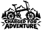 E-bike charged for adventure vinyl decal: e-bike silhouette, mountains, trees, bold text